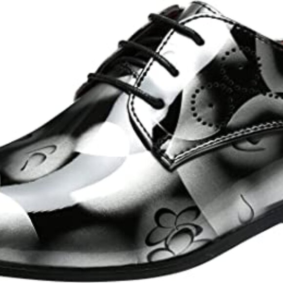 Santimon Mens US 9.5, 12 Grey Floral Patent Leather Pointed Toe Oxford Shoes - Picture 6 of 8